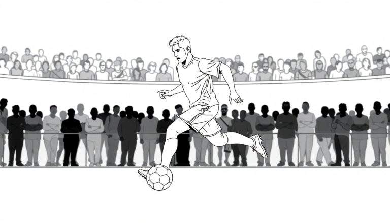 Dessin en noir et blanc d'un joueur de football dribblant avec des spectateurs derrière.