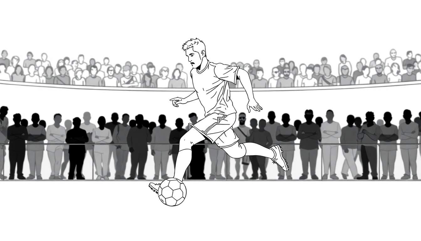 Dessin en noir et blanc d'un joueur de football dribblant avec des spectateurs derrière.