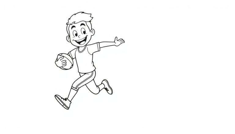 Dessin au trait d'un jeune garçon souriant courant avec un ballon de football américain, prêt pour une page à colorier.