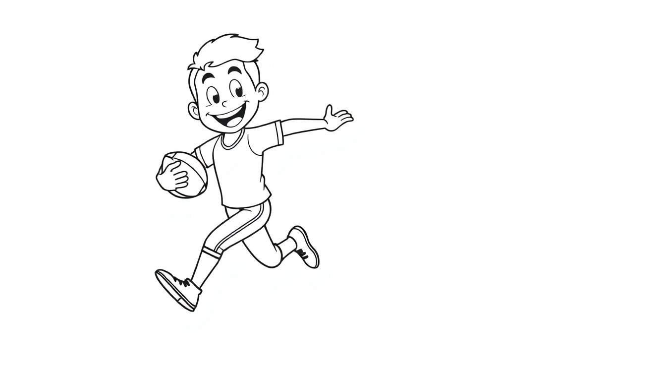 Dessin au trait d'un jeune garçon souriant courant avec un ballon de football américain, prêt pour une page à colorier.