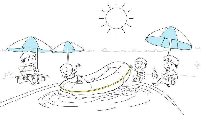 Un dessin au trait d'une journée à la piscine avec des enfants profitant du soleil, un color panel.