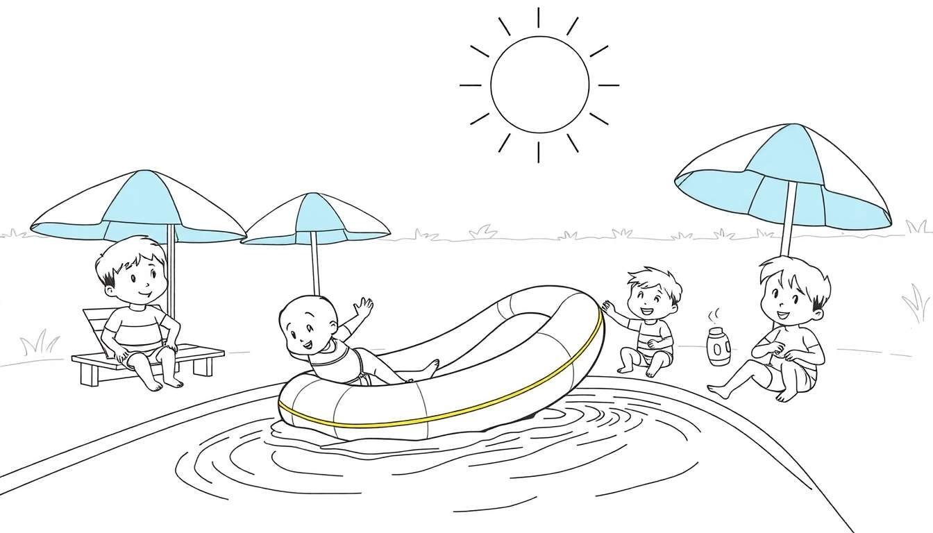 Un dessin au trait d'une journée à la piscine avec des enfants profitant du soleil, un color panel.