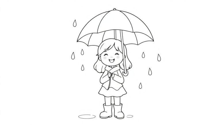 Jeune fille joyeuse sous un parapluie, dessin pour colorier.