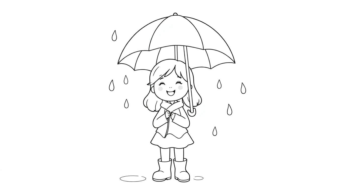 Jeune fille joyeuse sous un parapluie, dessin pour colorier.