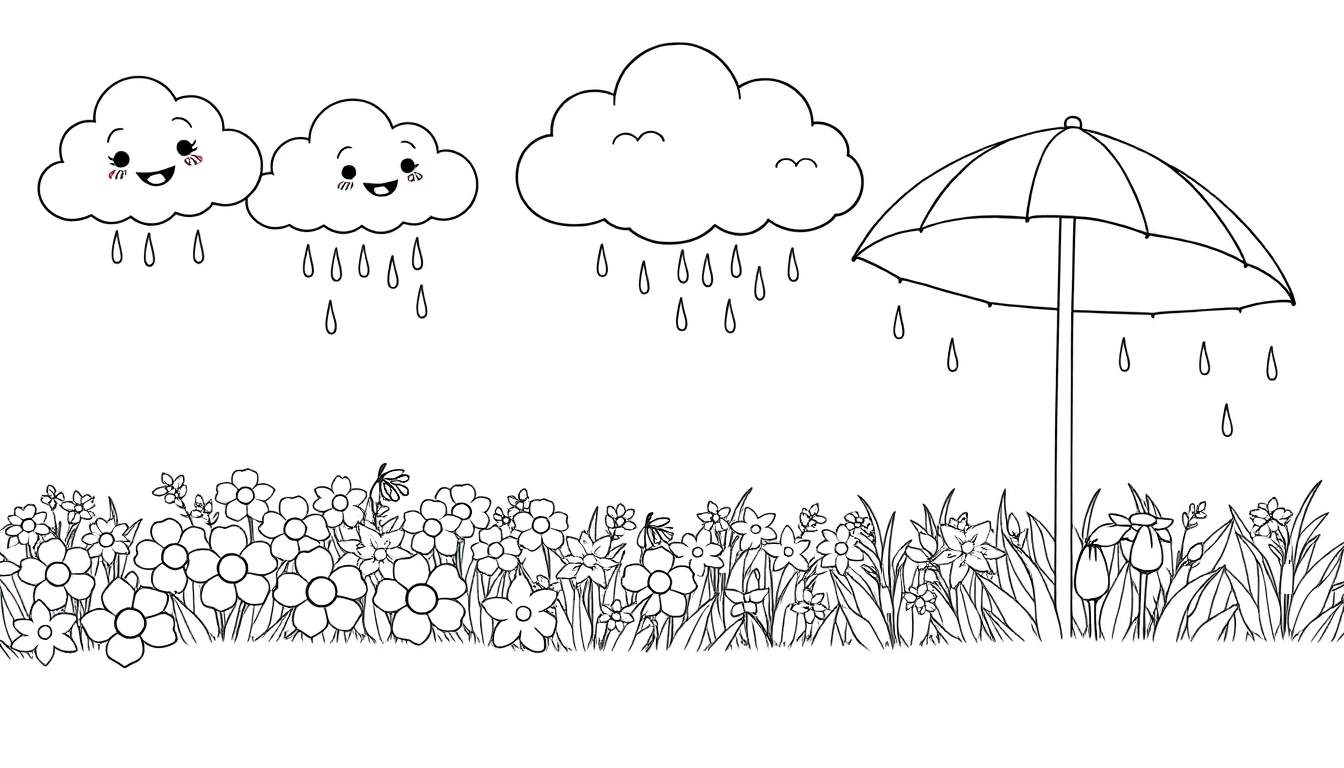Dessin de paysage de printemps pluvieux avec des nuages joyeux, de la pluie, un parapluie et des fleurs, prêt pour un color panel.