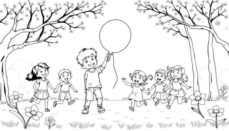 Dessin d'enfants jouant au ballon dans un parc avec des arbres et des fleurs, vue en color panel.