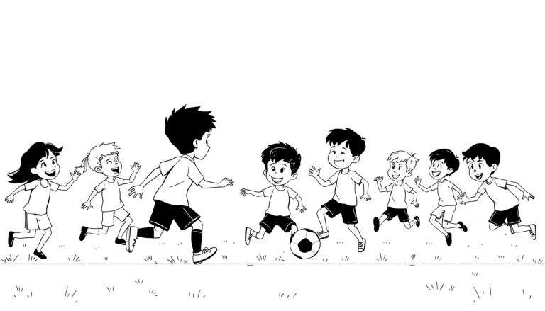 Dessin en noir et blanc d'enfants jouant au football, un garçon dribble, d'autres l'encouragent.