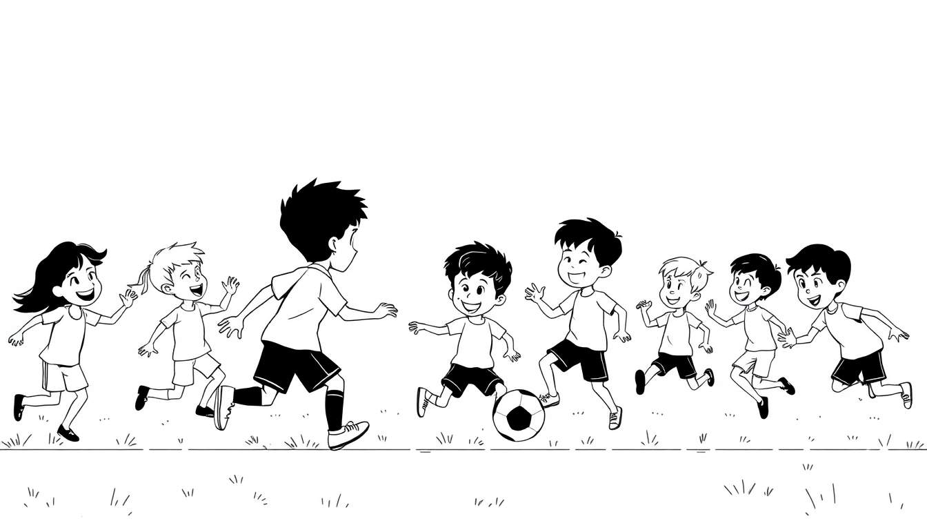 Dessin en noir et blanc d'enfants jouant au football, un garçon dribble, d'autres l'encouragent.