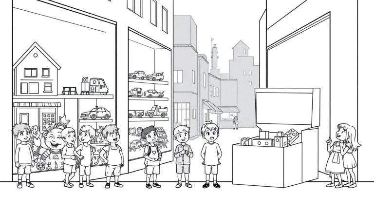 Page de coloriage : des enfants enthousiastes regardant des vitrines de magasin de jouets remplies de cadeaux.