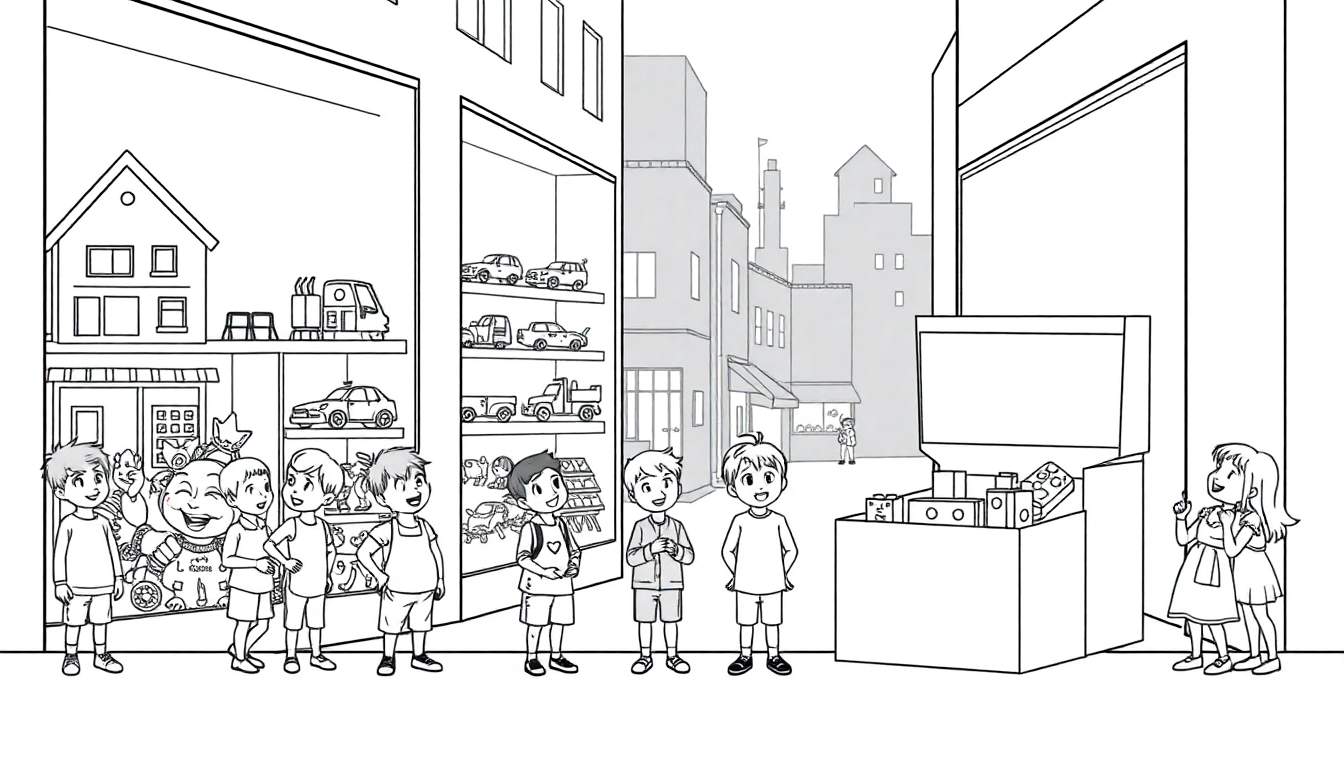 Page de coloriage : des enfants enthousiastes regardant des vitrines de magasin de jouets remplies de cadeaux.