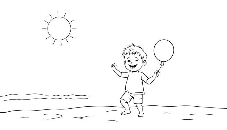 Dessin au trait d'un jeune garçon souriant jouant avec un ballon sur la plage, sous un soleil éclatant.