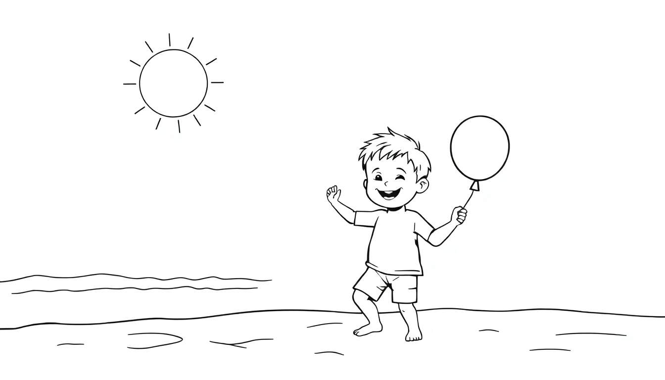 Dessin au trait d'un jeune garçon souriant jouant avec un ballon sur la plage, sous un soleil éclatant.