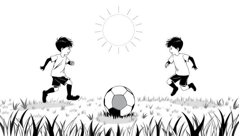 Deux garçons jouant au football sous un soleil radieux, une scène en noir et blanc avec un color panel dynamique.