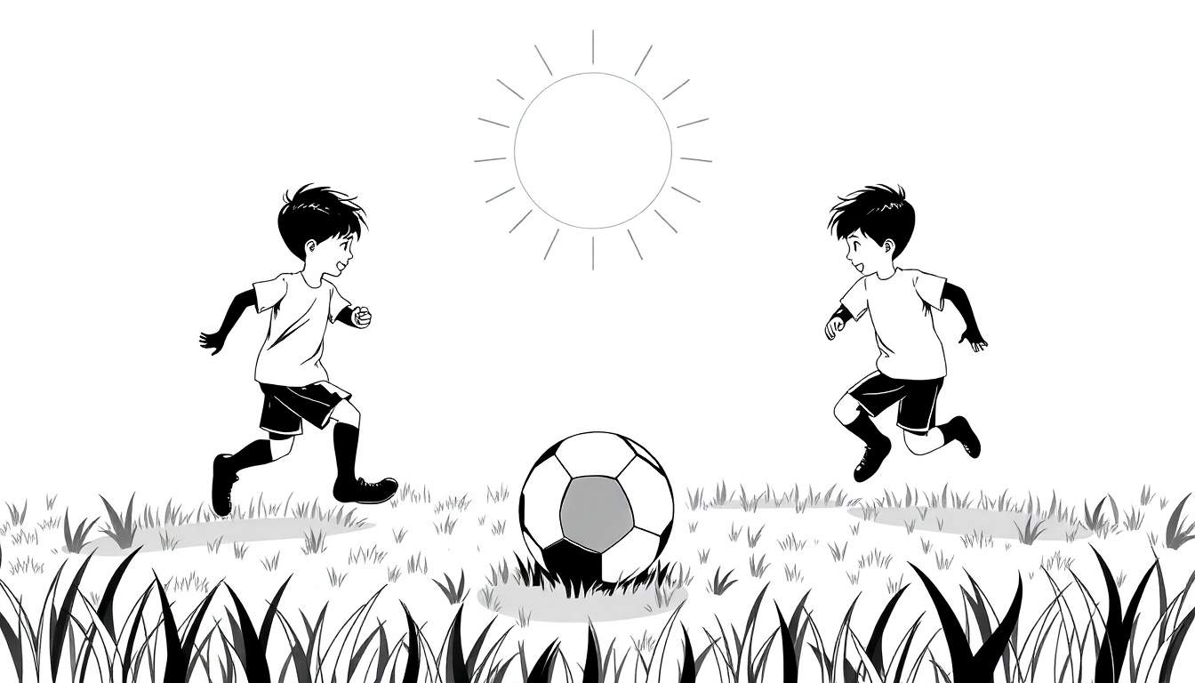 Deux garçons jouant au football sous un soleil radieux, une scène en noir et blanc avec un color panel dynamique.