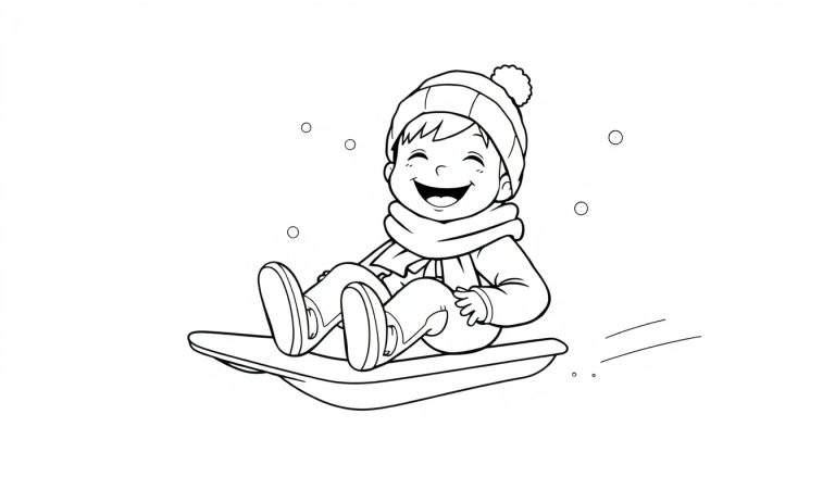 Un enfant souriant descend une colline enneigée en luge, vu dans un dessin au trait coloré.