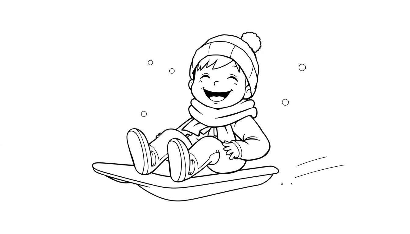 Un enfant souriant descend une colline enneigée en luge, vu dans un dessin au trait coloré.