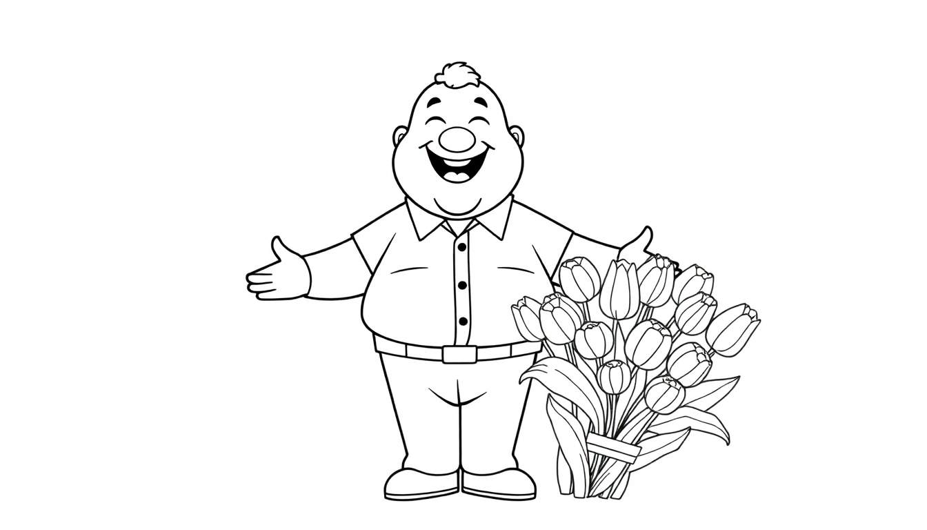 Un papa corpulent souriant tient un grand bouquet de tulipes en noir et blanc, offrant une chaleureuse bienvenue.