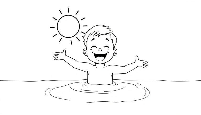 Dessin d'un enfant souriant se baignant, avec un soleil color panel au-dessus.