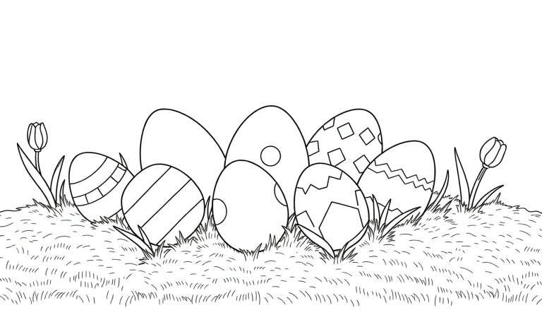 Un color panel représentant des œufs de Pâques cachés dans l'herbe avec des fleurs.