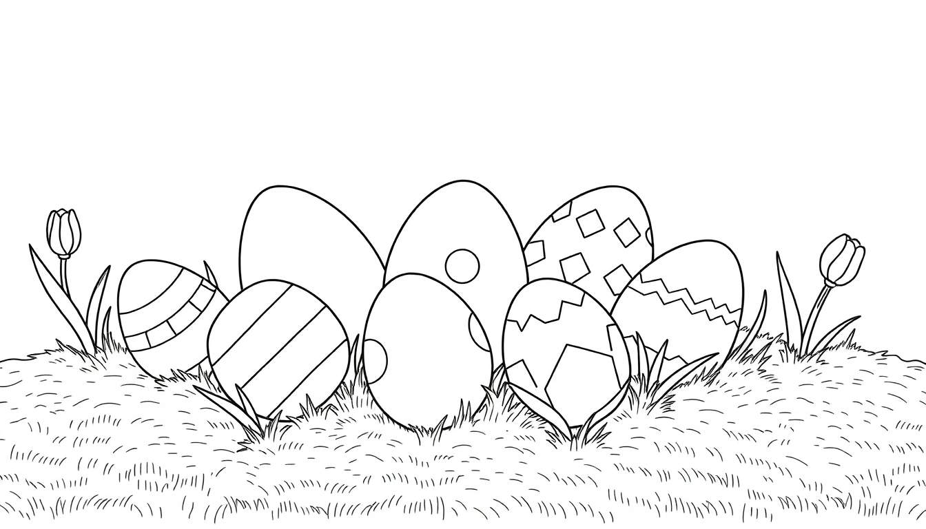 Un color panel représentant des œufs de Pâques cachés dans l'herbe avec des fleurs.