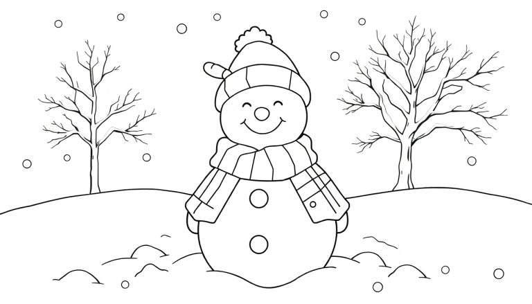 Bonhomme de neige souriant dans un paysage hivernal, entouré d'arbres sans feuilles et de flocons de neige.