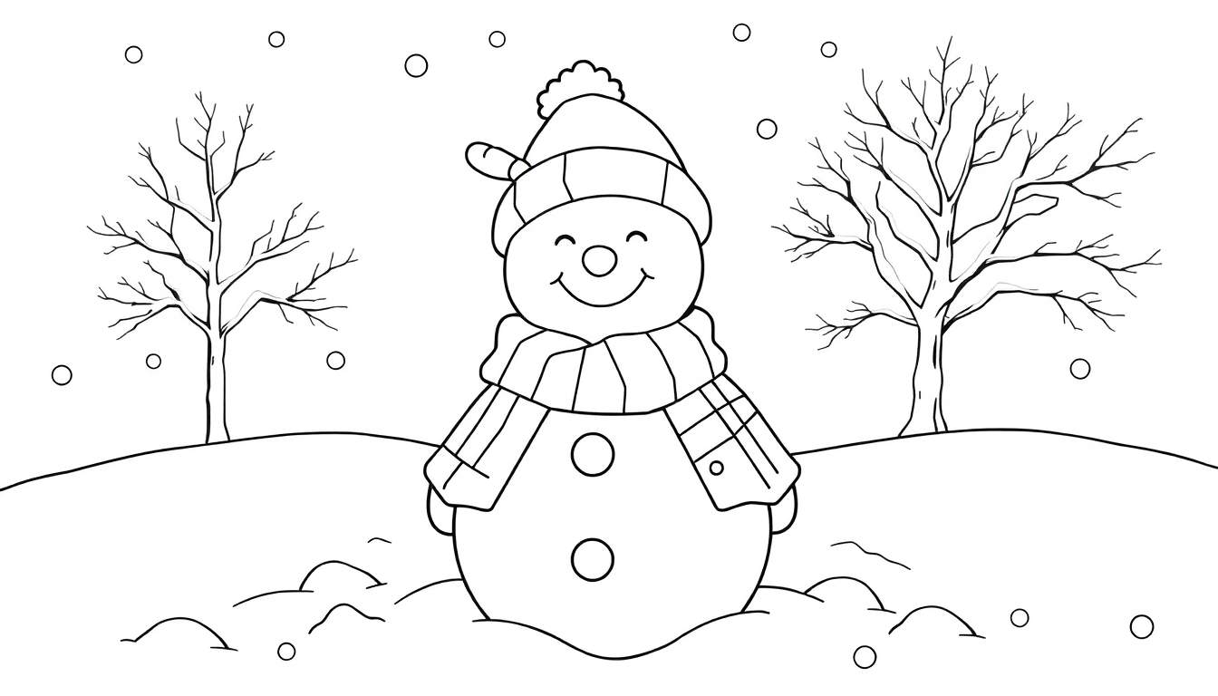Bonhomme de neige souriant dans un paysage hivernal, entouré d'arbres sans feuilles et de flocons de neige.