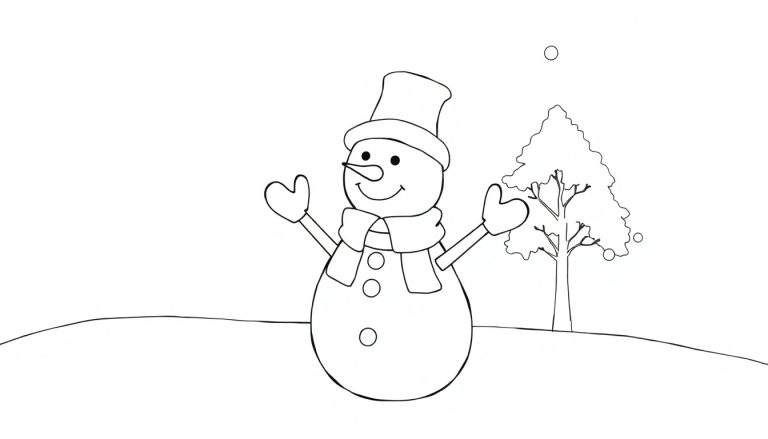 Un dessin au trait d'un bonhomme de neige joyeux avec un chapeau haut-de-forme et une écharpe, dans un paysage hivernal.