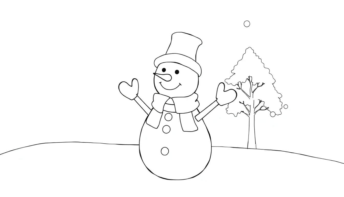 Un dessin au trait d'un bonhomme de neige joyeux avec un chapeau haut-de-forme et une écharpe, dans un paysage hivernal.