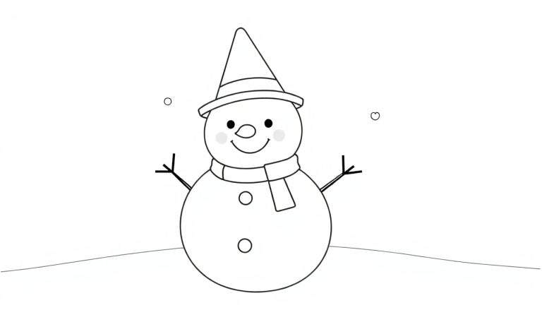 Bonhomme de neige stylisé en noir et blanc avec chapeau et écharpe.