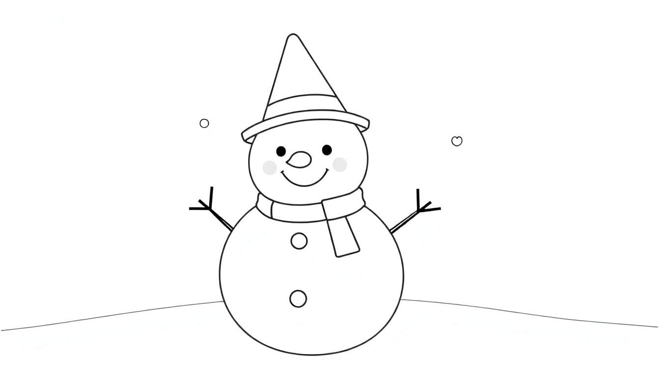 Bonhomme de neige stylisé en noir et blanc avec chapeau et écharpe.