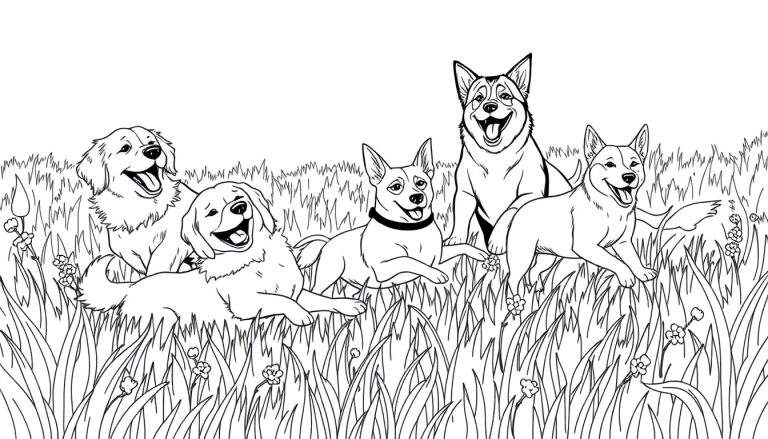 Dessin en noir et blanc de cinq chiens de différentes races jouant dans un champ d'herbe, pour un color panel.