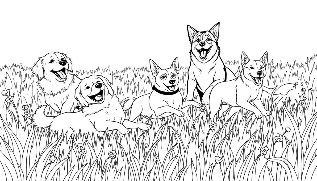 Dessin en noir et blanc de cinq chiens de différentes races jouant dans un champ d'herbe, pour un color panel.