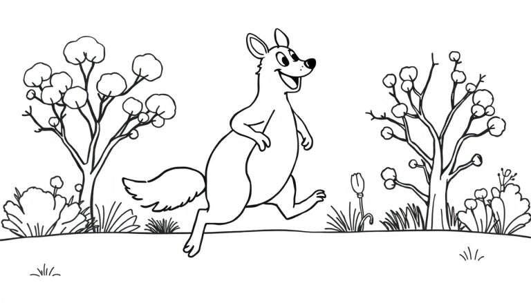 Un kangourou souriant saute à travers un paysage stylisé, avec des arbres simples et un ciel blanc en arrière-plan, parfait pour un coloriage.