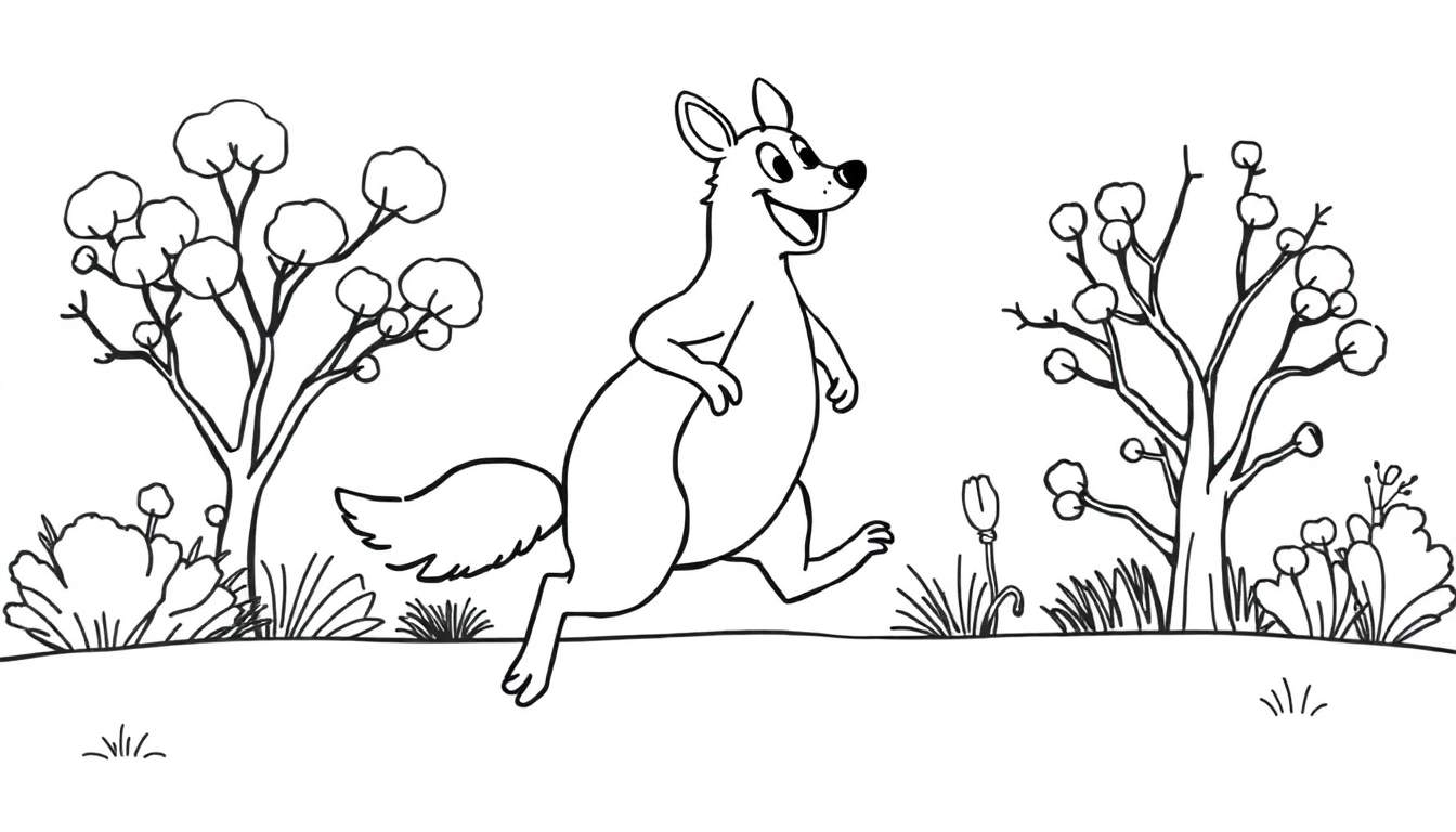 Un kangourou souriant saute à travers un paysage stylisé, avec des arbres simples et un ciel blanc en arrière-plan, parfait pour un coloriage.
