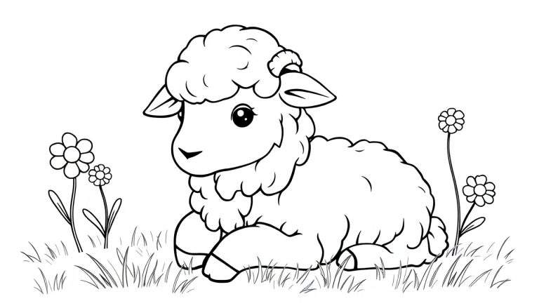 Un agneau en dessin au trait se repose dans un champ avec des fleurs, prêt pour le color panel.
