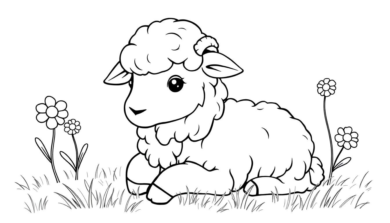 Un agneau en dessin au trait se repose dans un champ avec des fleurs, prêt pour le color panel.