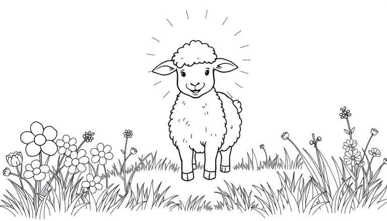 Un adorable agneau dessin au trait avec un nimbe, se tenant dans un pré fleuri.