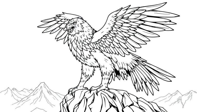 Aigle noir et blanc perché sur un rocher, ailes déployées, sur une montagne.