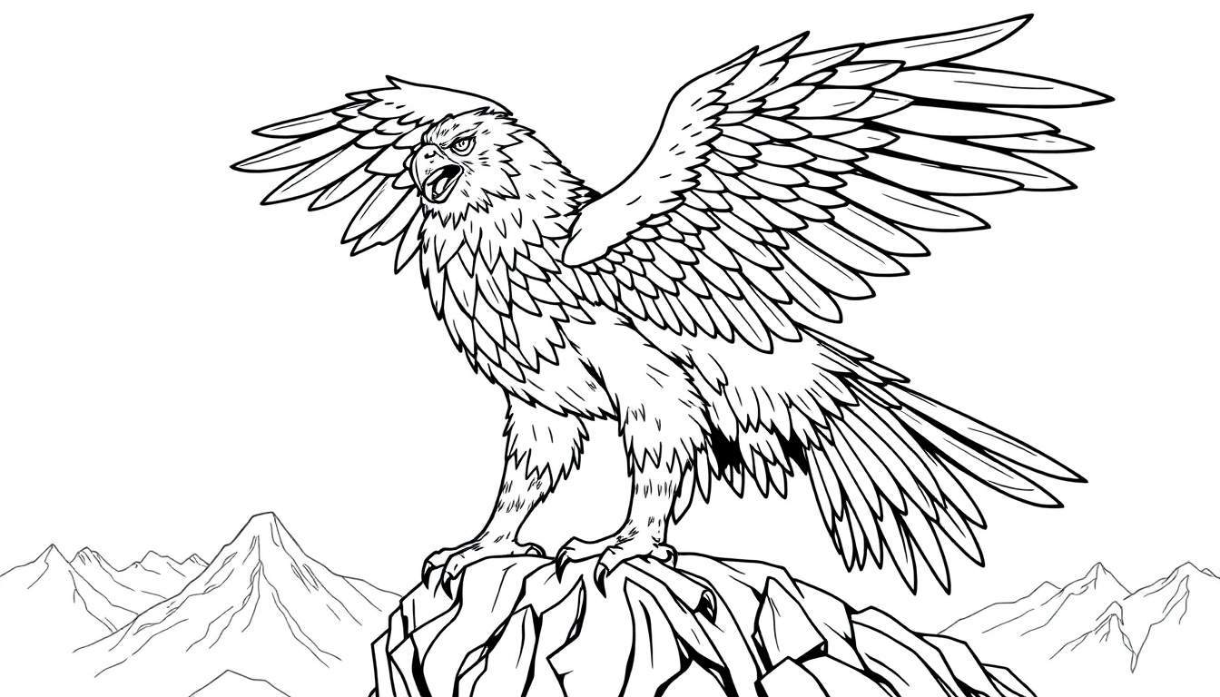 Aigle noir et blanc perché sur un rocher, ailes déployées, sur une montagne.