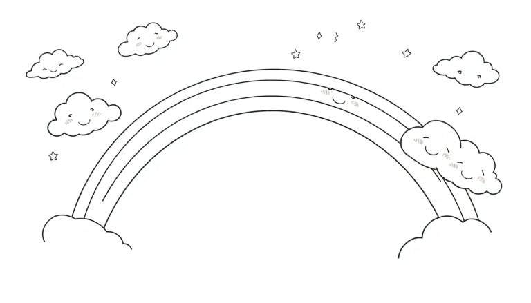 Un arc-en-ciel avec des nuages souriants et des étoiles sur un color panel.