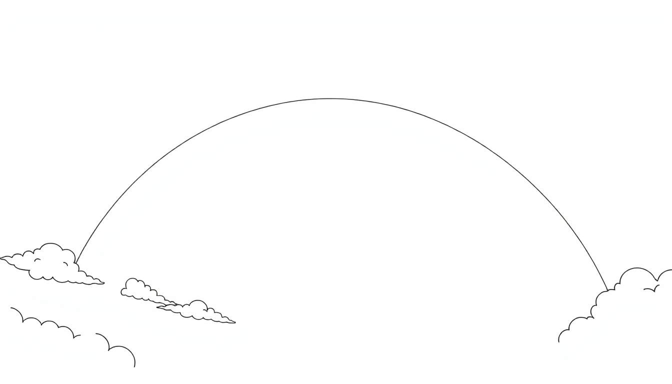 Un ciel en noir et blanc avec un arc-en-ciel simple et des nuages dessinés.