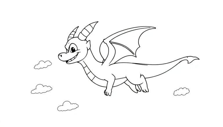Dragon de dessin animé souriant volant avec des nuages, prêt pour une aventure colorée avec un color panel.