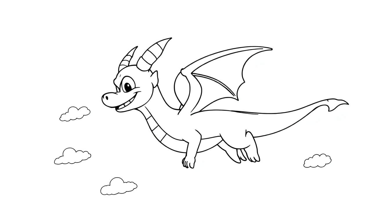 Dragon de dessin animé souriant volant avec des nuages, prêt pour une aventure colorée avec un color panel.