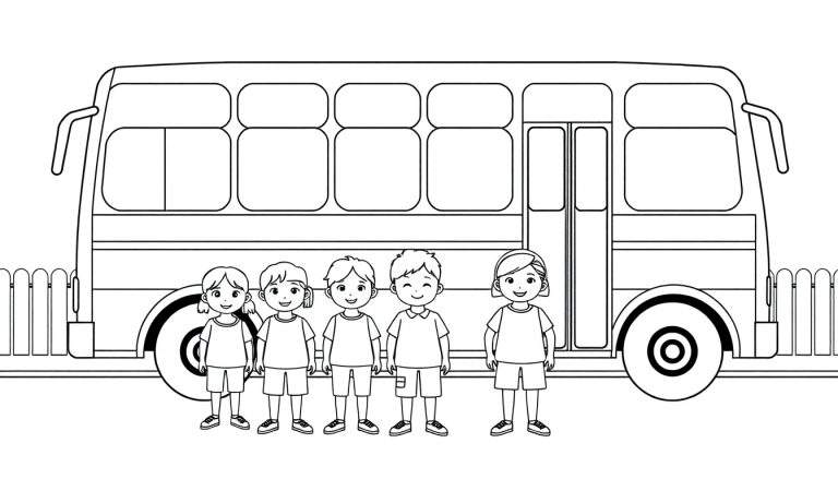 Un bus scolaire noir et blanc avec cinq enfants souriants devant, prêts à monter. Le bus a des fenêtres rectangulaires et des portes centrales. Un color panel de clôture est visible.