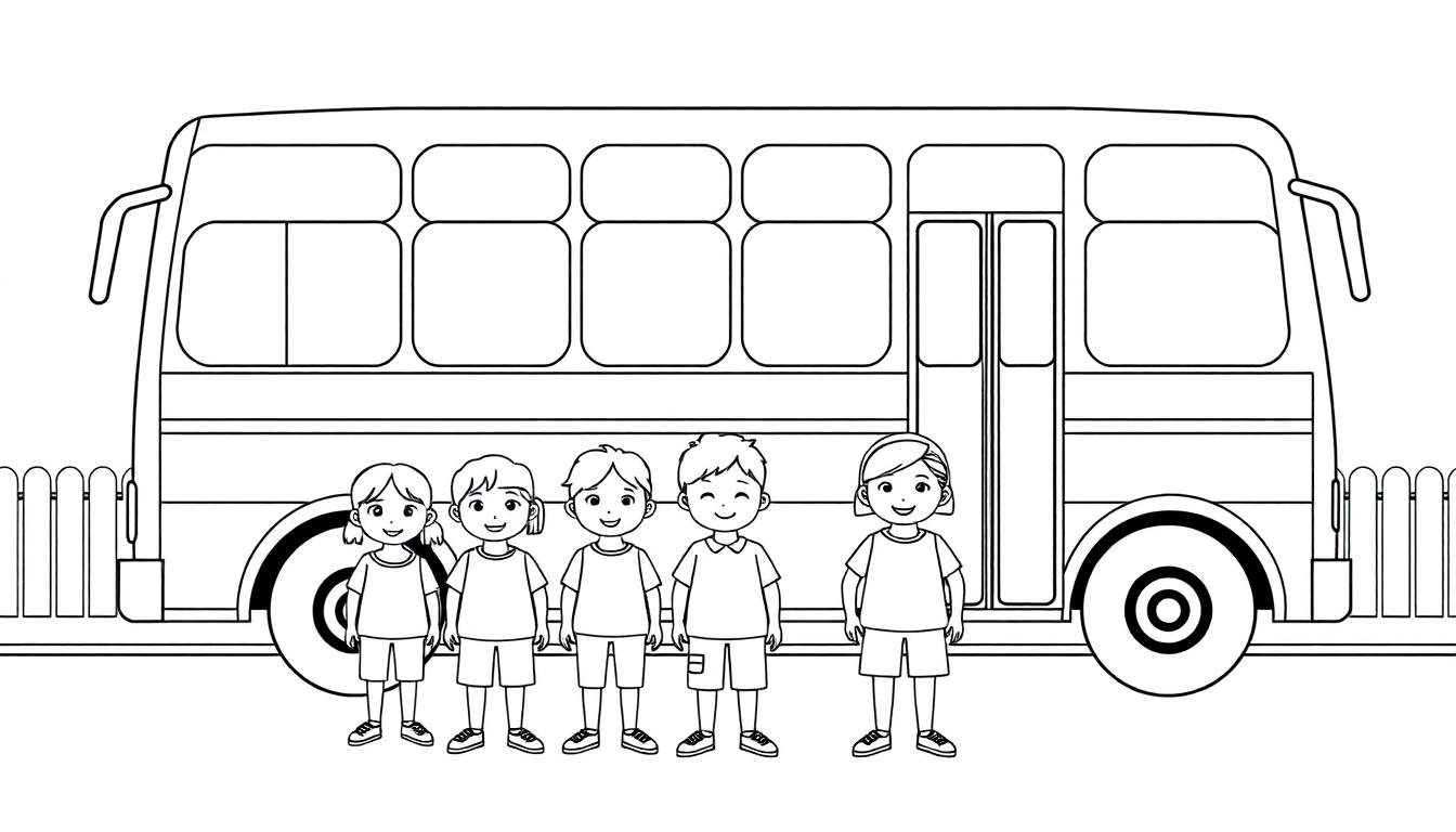 Un bus scolaire noir et blanc avec cinq enfants souriants devant, prêts à monter. Le bus a des fenêtres rectangulaires et des portes centrales. Un color panel de clôture est visible.