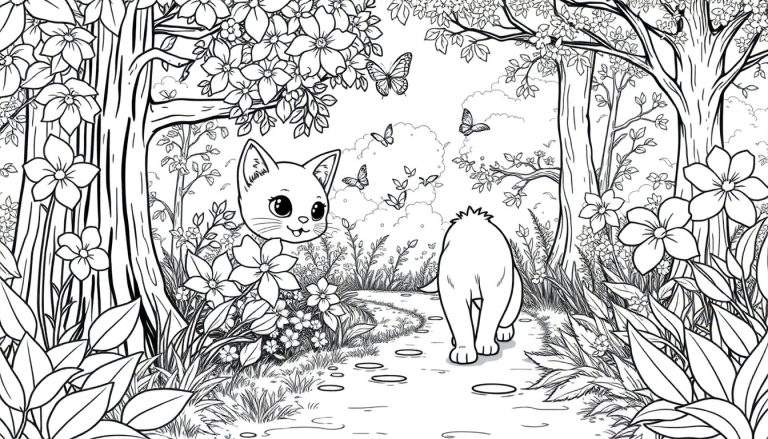 Un dessin au trait noir et blanc d'un chaton explorant une forêt avec des fleurs et un autre chat au loin.