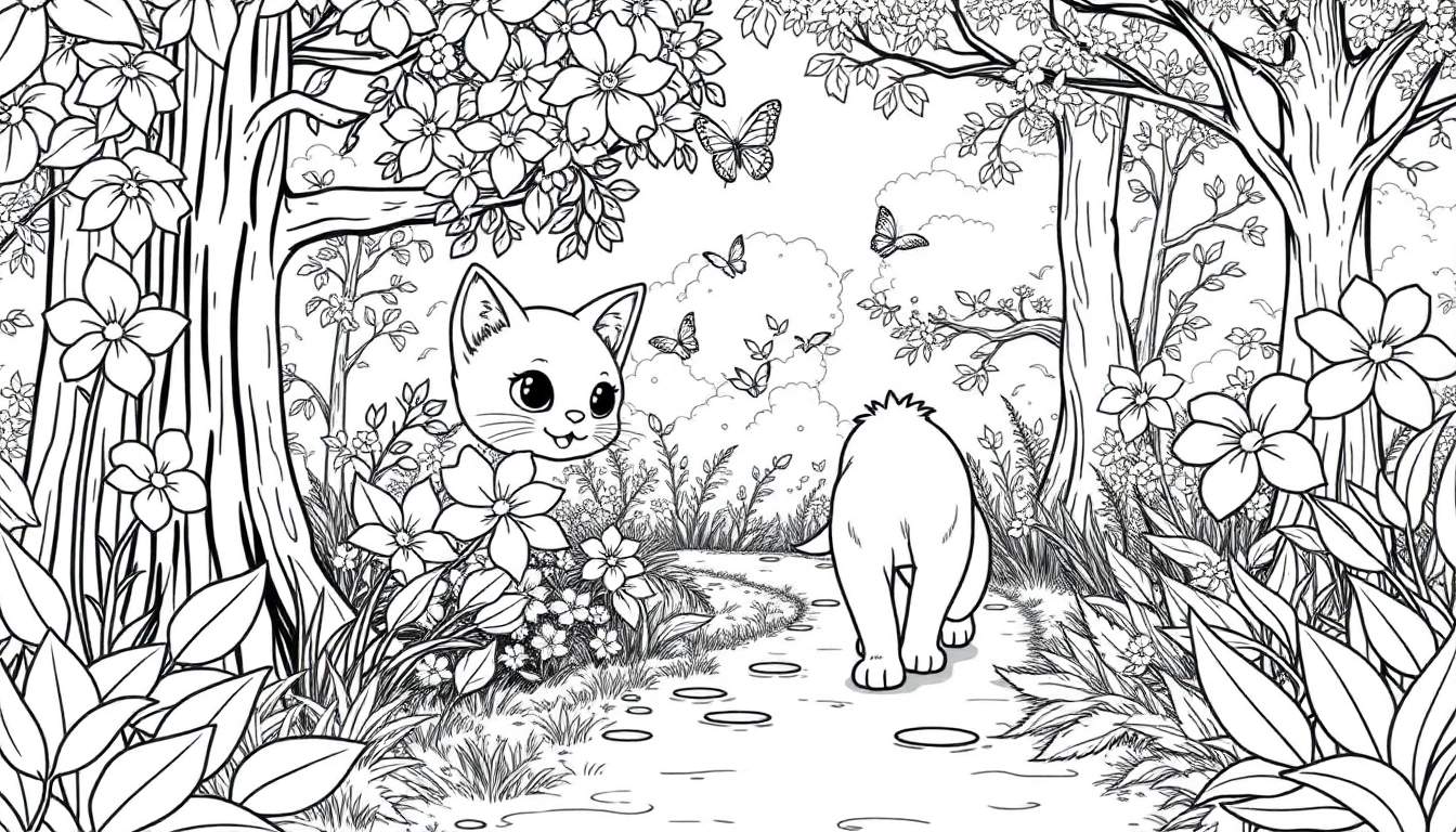 Un dessin au trait noir et blanc d'un chaton explorant une forêt avec des fleurs et un autre chat au loin.