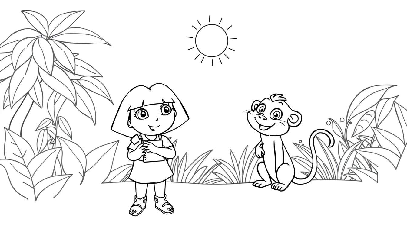 Dora l'exploratrice et Babouche dans la jungle, image de dessin animé avec un soleil et un palmier.