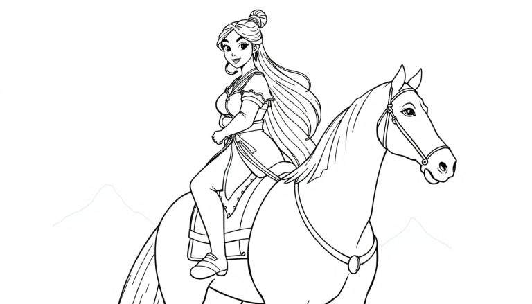 Dessin au trait d'une femme aux cheveux longs chevauchant un cheval sous des montagnes, color panel