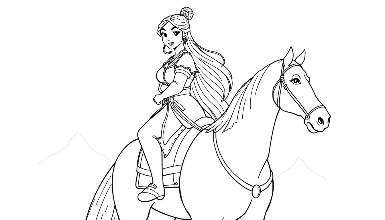 Dessin au trait d'une femme aux cheveux longs chevauchant un cheval sous des montagnes, color panel